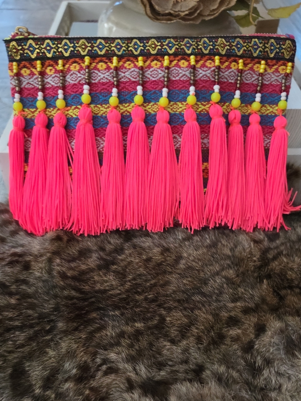 Merona Neon Pink Tassel Clutch with Multicolor Woven Trim
